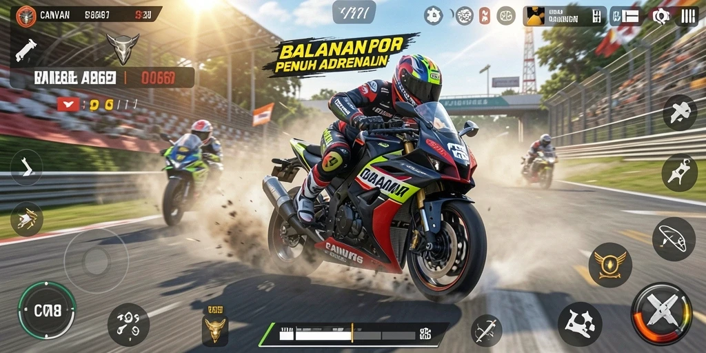 Tampilan gameplay seru dengan aksi balapan motor yang menegangkan.