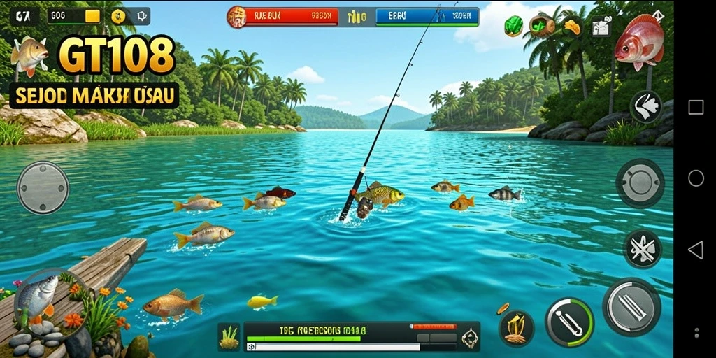Screenshot GT108 menunjukkan pemain menangkap ikan di danau yang indah.