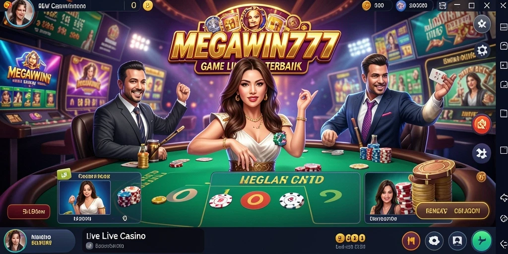 Screenshot MEGAWIN777 menampilkan dealer dan permainan Live Casino yang mendebarkan.