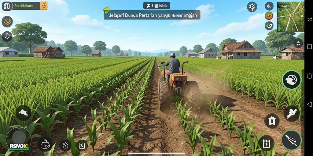 Gameplay RSNOK dengan pemandangan ladang yang subur.